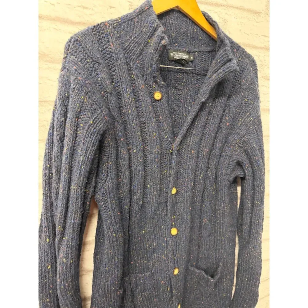The J. Peterman Company Cardigan Sweater Medium Blue Wool Speckle Cable Knit